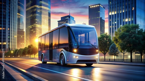 Modern autonomous electric shuttle bus navigating through city streets at dusk, with sleek design and bright headlights, emphasizing innovative transportation and urban mobility solutions. photo