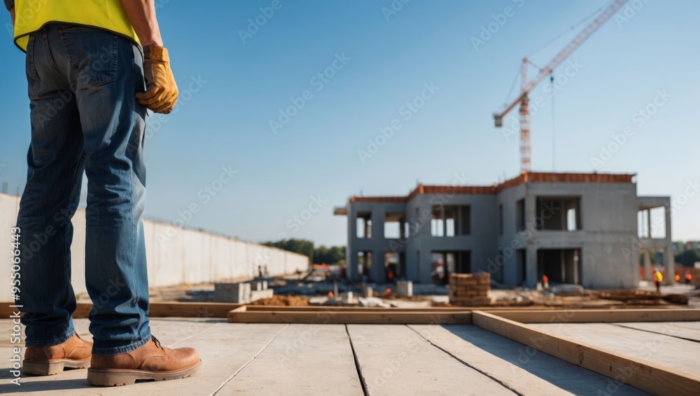 Legs of a worker looking at the construction site in the background, labor day concept. Legs of a worker looking at the construction site in the background, labor day concept.