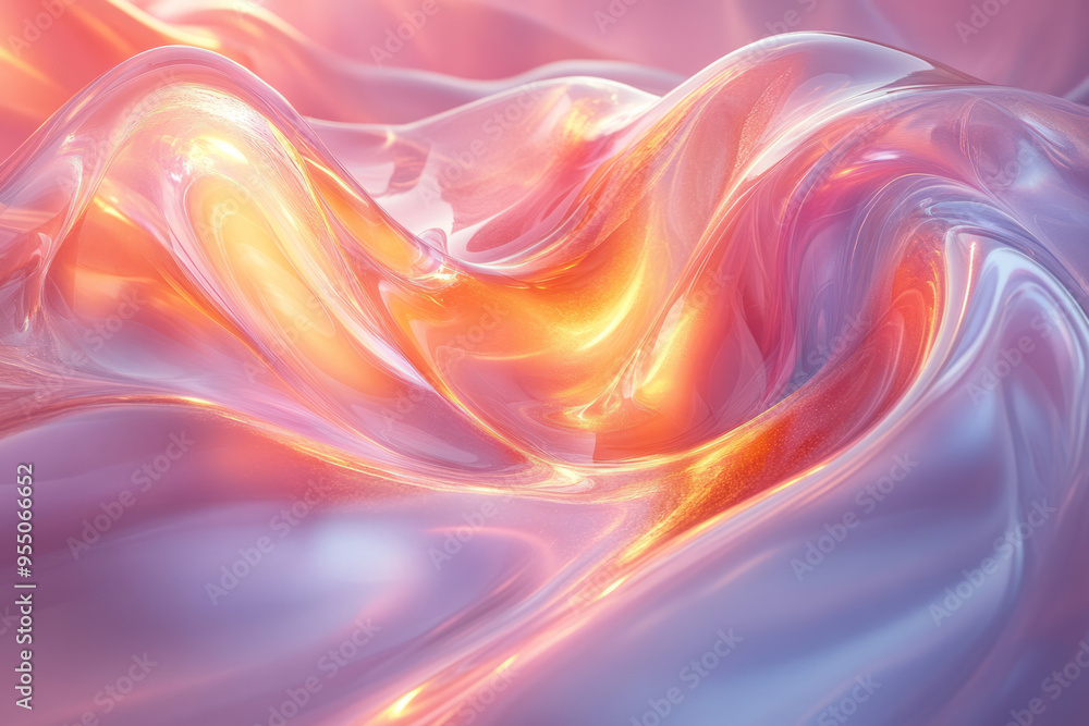 Obraz premium A background featuring wavy, transparent glass forms with rainbow-colored gradients, casting colorful reflections on a pastel pink background,