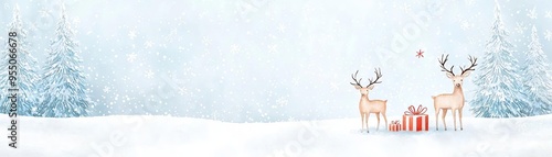 Reindeer in a snow-covered forest, people exchanging gifts, winter celebration, Watercolor style photo