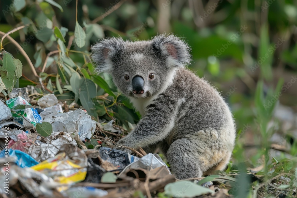 Koala Cub Amidst Plastic Waste in a Forest Setting Koala Cub Amidst Plastic Waste in a Forest Setting