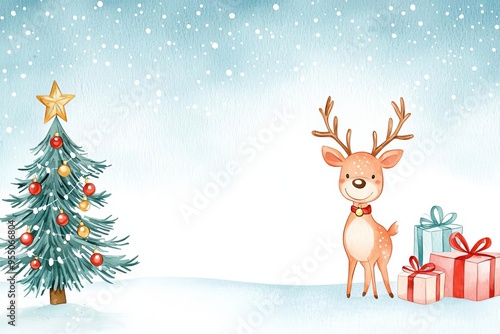 Reindeer with bells, family celebrating around a Christmas tree, gifts exchanged, Watercolor style