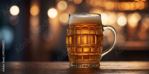 Traditional beer mug with light lager beer close-up. photo