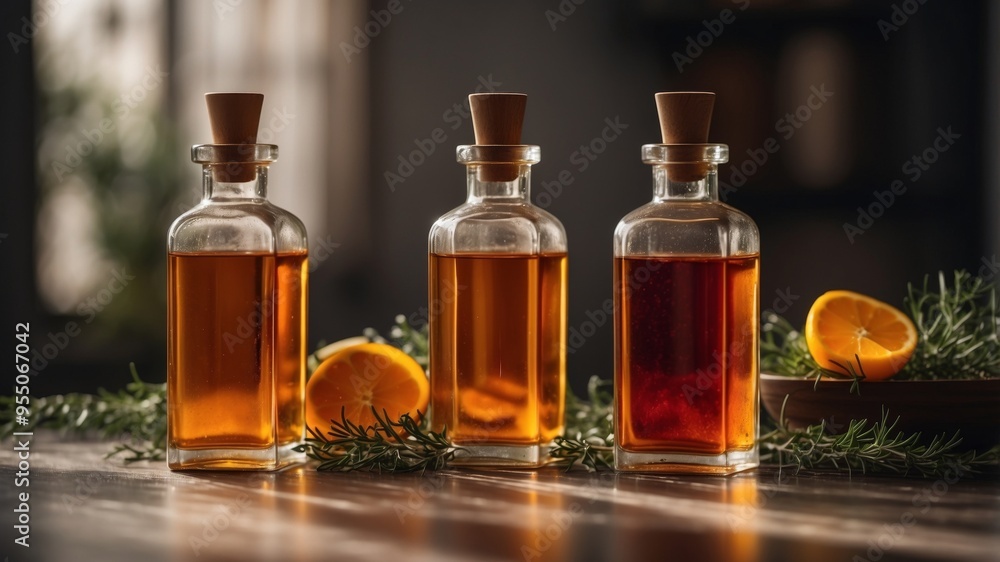Energetic burst of amber liquid in glass bottles with herbs in the background. Energetic burst of amber liquid in glass bottles with herbs in the background.