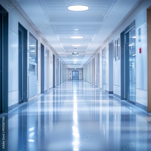 Abstract blur luxury hospital hall. Blur clinic corridor interior background with defocused effect. Healthcare and medical concept