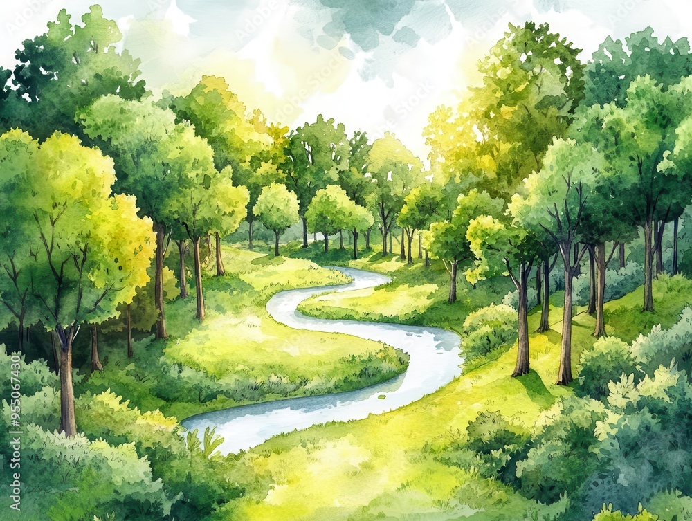 Obraz premium Watercolor painting of a serene forest scene with a winding river.
