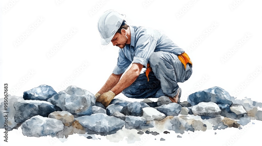 A construction worker diligently arranging stones on a site, showcasing skilled labor and dedication to craftsmanship. A construction worker diligently arranging stones on a site, showcasing skilled labor and dedication to craftsmanship.
