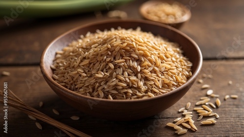 Harvested brown rice on wooden floor healthy food concept Copy space close up.