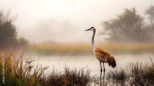 Sandhill Crane in a Misty Marsh