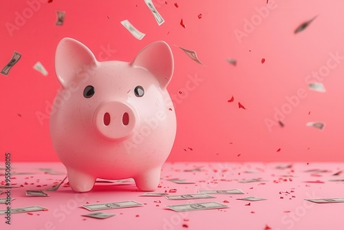 A cheerful pink piggy bank surrounded by flying dollar bills, symbolizing saving and financial growth.