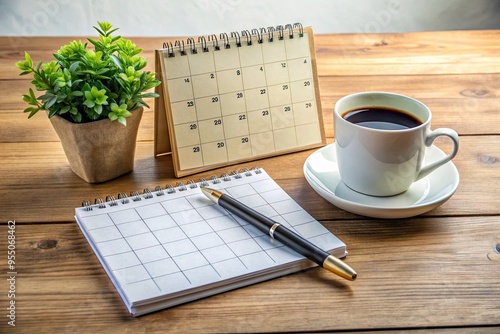 A tidy office desk with a calendar, coffee cup, and pens organized on a wooden surface, conveying a sense of productivity and efficient time management. photo