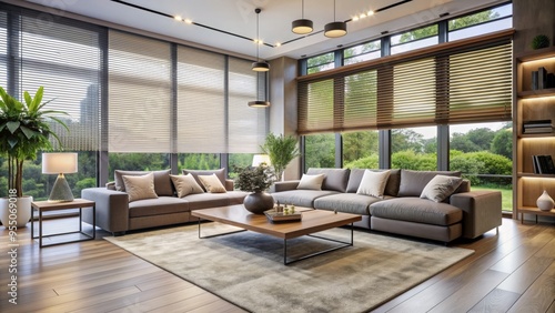 Modern living room with sleek motorized blinds, soft natural light filtering in, and a minimalist decor showcasing luxury and sophistication in home automation.