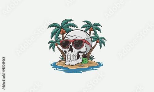 A skull wearing sunglasses on a tropical island with "Rest in Chill" text.