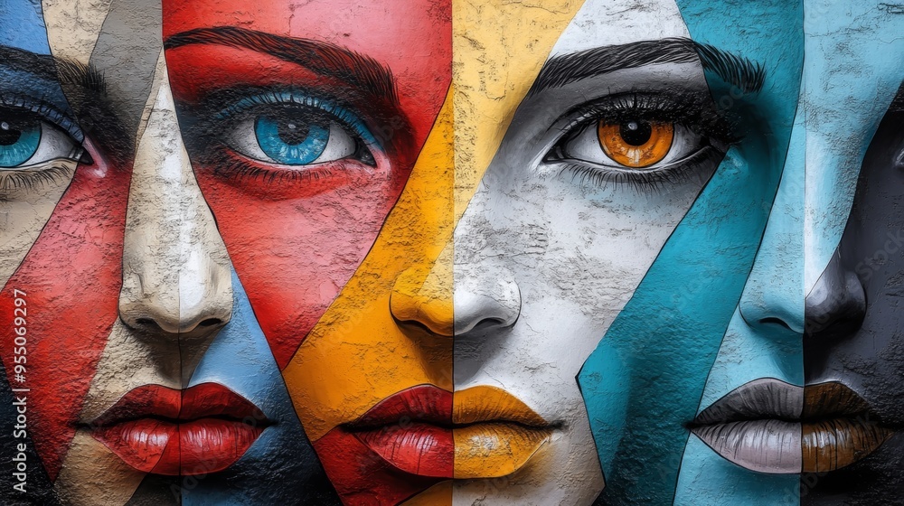 Vibrant art showcasing four artistic faces with colorful paints, representing diversity and creativity in modern expression. Vibrant art showcasing four artistic faces with colorful paints, representing diversity and creativity in modern expression.