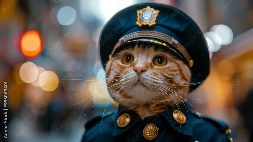 Cute ginger cat dressed as a police officer, wearing a uniform and hat ...