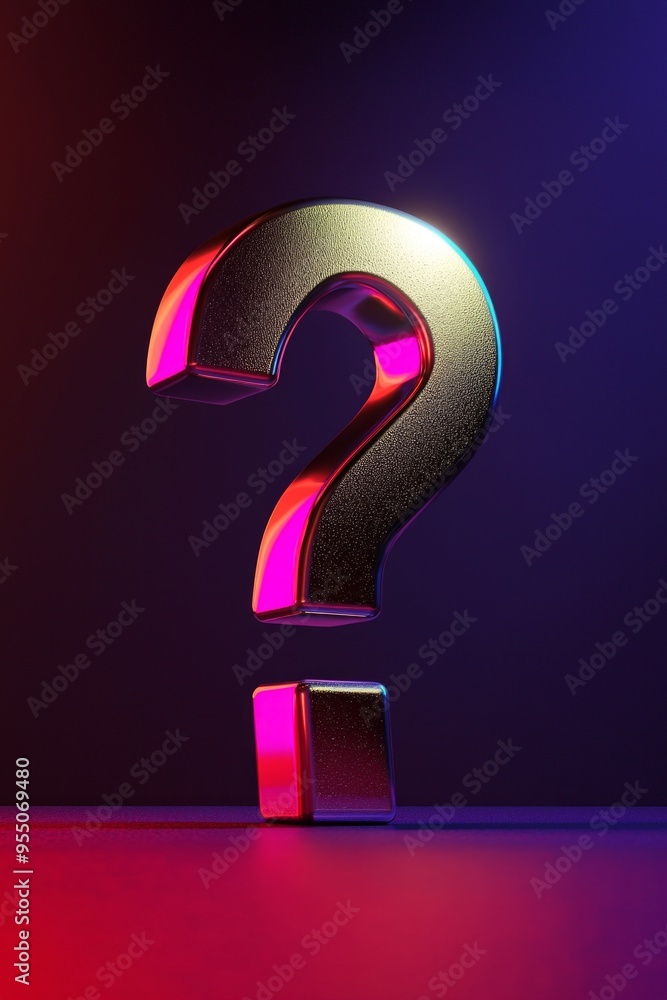 A metallic question mark icon illuminated by a spotlight, casting dramatic shadows and surrounded by a gradient of deep reds and purples. A metallic question mark icon illuminated by a spotlight, casting dramatic shadows and surrounded by a gradient of deep reds and purples.