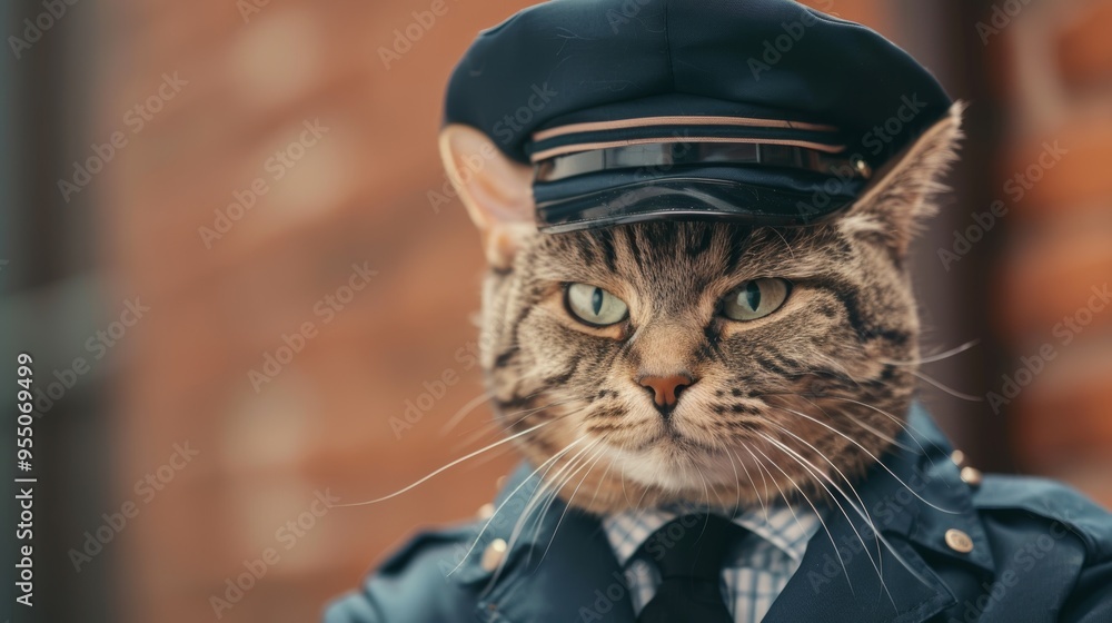 Cute tabby cat dressed as police officer, wearing uniform and hat, sitting outdoors with brick wall background on a sunny day. Cute tabby cat dressed as police officer, wearing uniform and hat, sitting outdoors with brick wall background on a sunny day.
