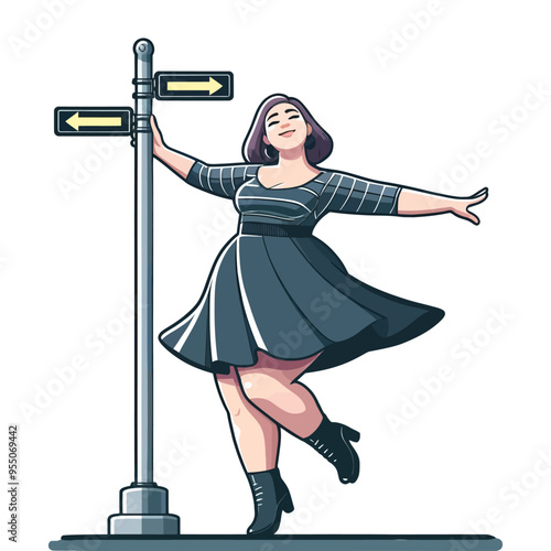 Vector illustration of a curvy woman joyfully posing by a signpost, expressing freedom and confidence.