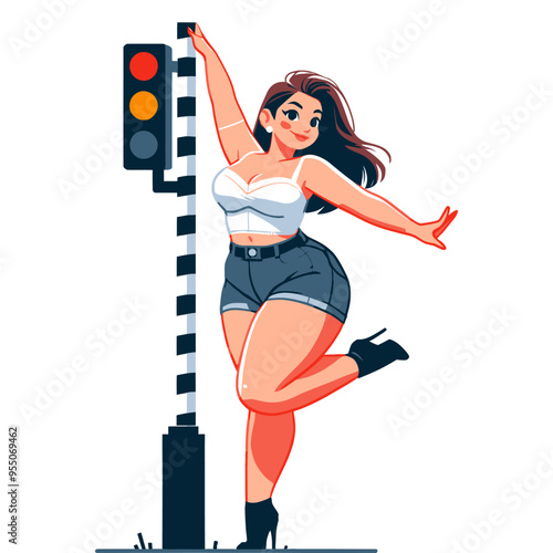 Vector illustration of a stylish curvy woman posing by a traffic light, radiating confidence and charm.