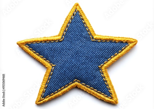 A vibrant blue denim patch with a intricately stitched, five-pointed yellow star, symbolizing creativity, hope, and freedom, against a soft, white background. photo