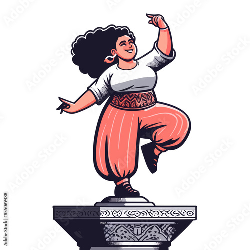 Vector illustration of a curvy woman dancing joyfully on a pedestal, celebrating cultural pride and self-expression.