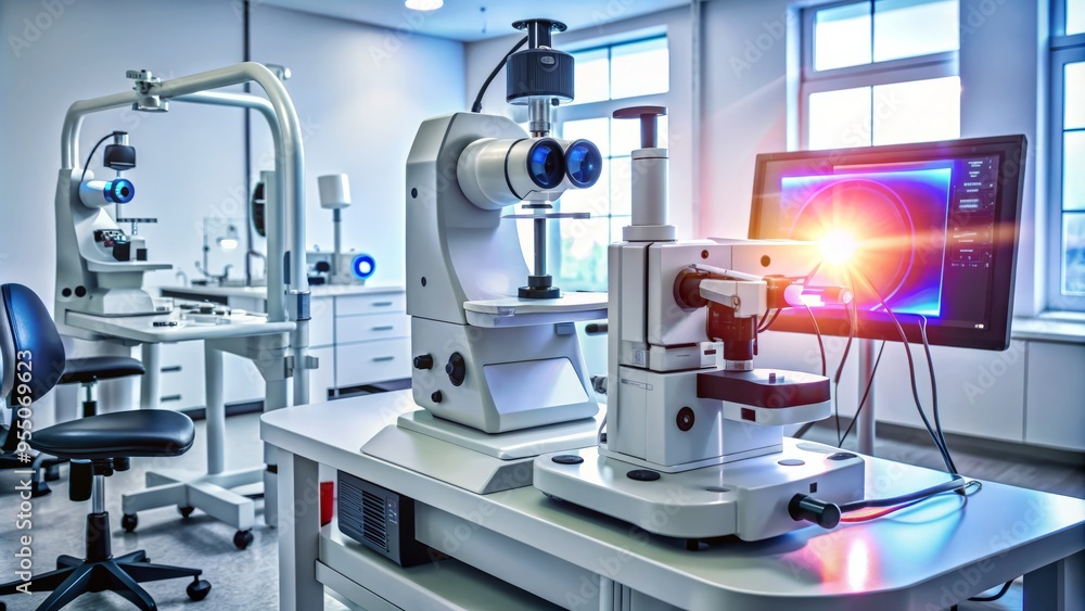 Modern ophthalmology equipment emits intense concentrated laser beam for photocoagulation therapy, treating retina and choroid eye disorders with precise precision and accuracy. Modern ophthalmology equipment emits intense concentrated laser beam for photocoagulation therapy, treating retina and choroid eye disorders with precise precision and accuracy.