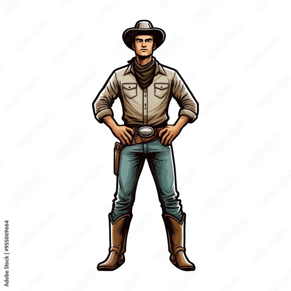 Vector illustration of a serious cowboy standing confidently. Ideal for Western-themed designs or character projects. Vector illustration of a serious cowboy standing confidently. Ideal for Western-themed designs or character projects.