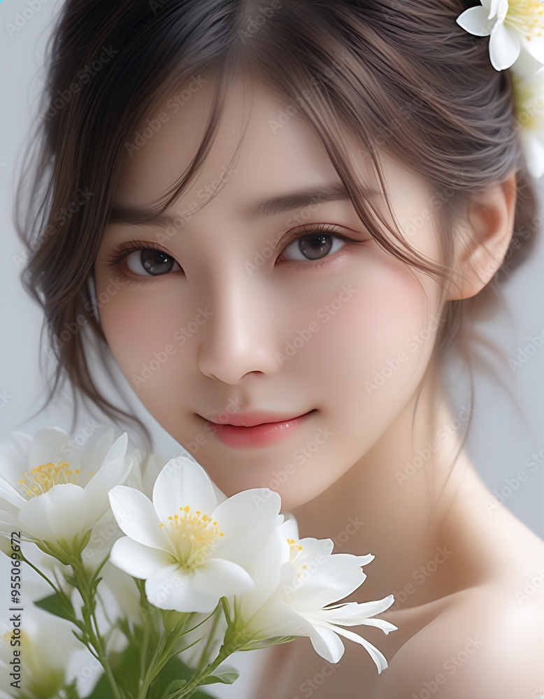 Beauty portrait of a beautiful young woman. Beautiful natural face, beauty image, white flowers. 美しい若い女性の美容ポートレート。美しい素顔、美容イメージ、白い花。 Beauty portrait of a beautiful young woman. Beautiful natural face, beauty image, white flowers. 美しい若い女性の美容ポートレート。美しい素顔、美容イメージ、白い花。