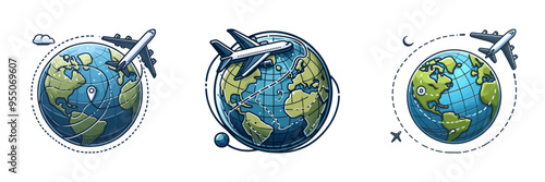 Vector illustration of airplanes flying around the globe, representing global travel and connectivity.