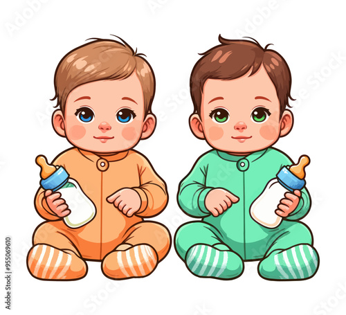 Vector illustration of adorable baby twins holding bottles, capturing the sweetness of infancy.