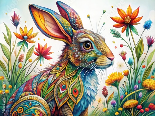 A Vibrant Illustration Of A Playful Rabbit, Rendered With Intricate Details And Expressive Lines, Capturing Its Whimsical And Lively Nature. photo