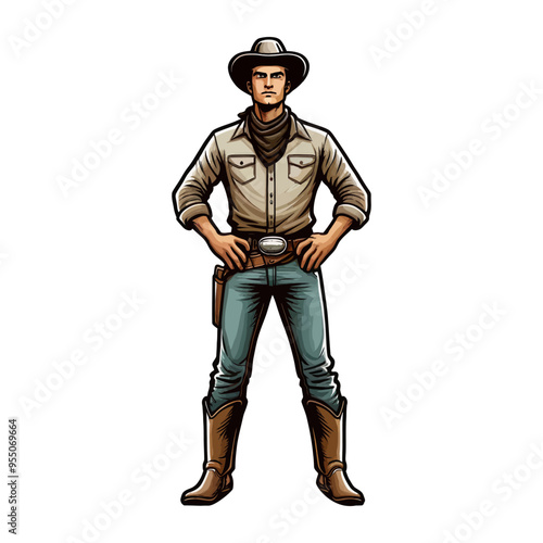 Vector illustration of a serious cowboy standing confidently. Ideal for Western-themed designs or character projects.