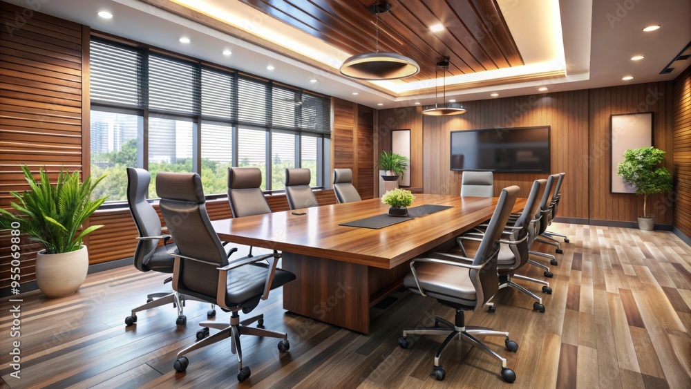 Modern sleek conference room with large wooden table, comfortable chairs, and advanced technology, ideal for business meetings and strategic planning sessions. Modern sleek conference room with large wooden table, comfortable chairs, and advanced technology, ideal for business meetings and strategic planning sessions.
