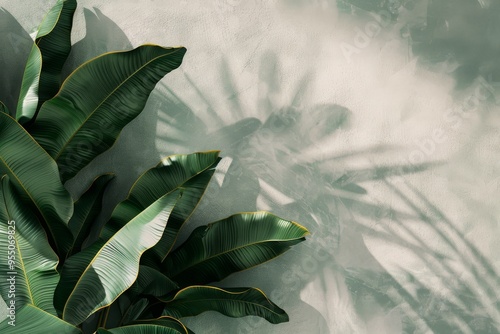 Flat lay frame with colorful banana leaves  on the grey cement background with ample copy space image. isolated pastel backdrop. colorful desktop wallpaper with banana leaves