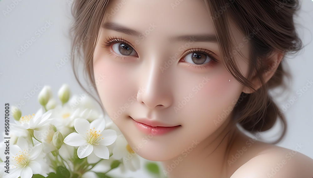 Beauty portrait of a beautiful young woman. Beautiful natural face, beauty image, white flowers. 美しい若い女性の美容ポートレート。美しい素顔、美容イメージ、白い花。 Beauty portrait of a beautiful young woman. Beautiful natural face, beauty image, white flowers. 美しい若い女性の美容ポートレート。美しい素顔、美容イメージ、白い花。