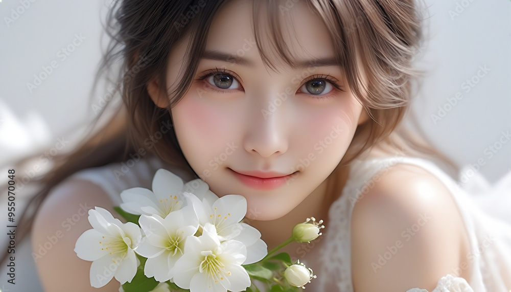 Beauty portrait of a beautiful young woman. Beautiful natural face, beauty image, white flowers. 美しい若い女性の美容ポートレート。美しい素顔、美容イメージ、白い花。 Beauty portrait of a beautiful young woman. Beautiful natural face, beauty image, white flowers. 美しい若い女性の美容ポートレート。美しい素顔、美容イメージ、白い花。