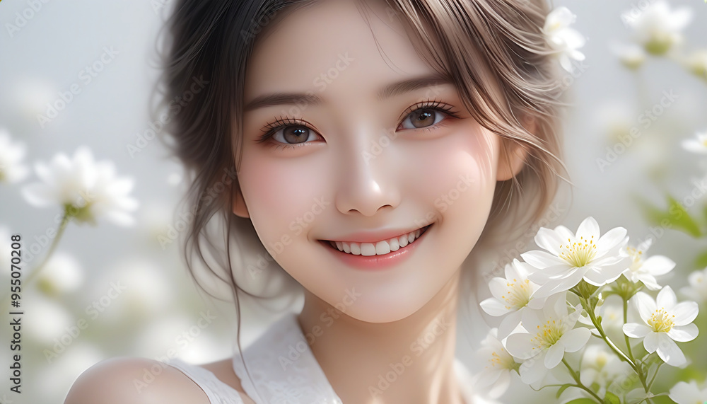 Beauty portrait of a beautiful young woman. Beautiful natural face, beauty image, white flowers. 美しい若い女性の美容ポートレート。美しい素顔、美容イメージ、白い花。 Beauty portrait of a beautiful young woman. Beautiful natural face, beauty image, white flowers. 美しい若い女性の美容ポートレート。美しい素顔、美容イメージ、白い花。