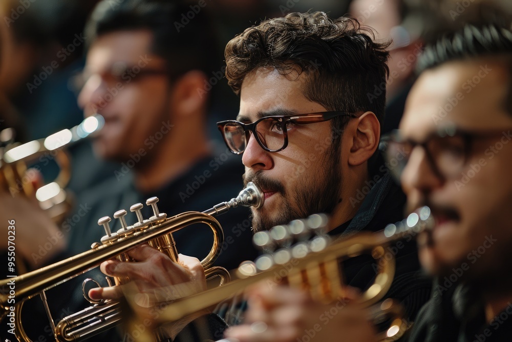 Obraz premium Focused Musicians Playing Trumpets in Orchestra Performance