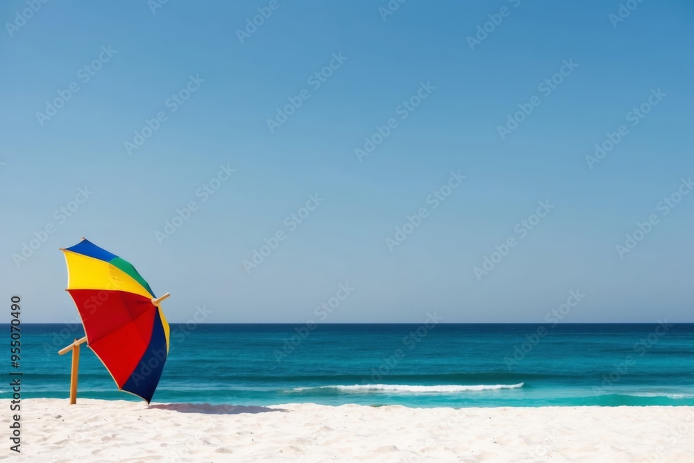 Colorful beach umbrella on the beach sand, sea and blue sky in the background, summer and vacation concept. Colorful beach umbrella on the beach sand, sea and blue sky in the background, summer and vacation concept.