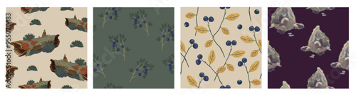 Set of seamless natural forest illustrations. Blueberry branches, stone and tree in moss