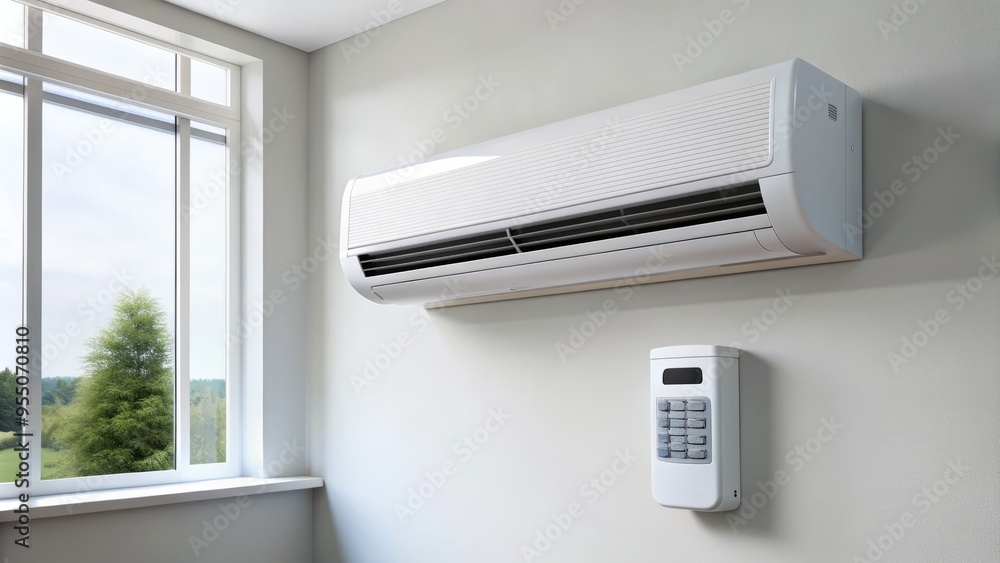 Modern white mini-split HVAC unit mounted on a interior wall, with a digital display and remote control, providing efficient heating and cooling solutions. Modern white mini-split HVAC unit mounted on a interior wall, with a digital display and remote control, providing efficient heating and cooling solutions.