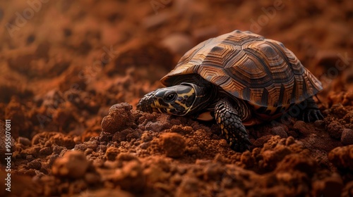 A turtle is slowly and carefully crawling out of a hole in the ground