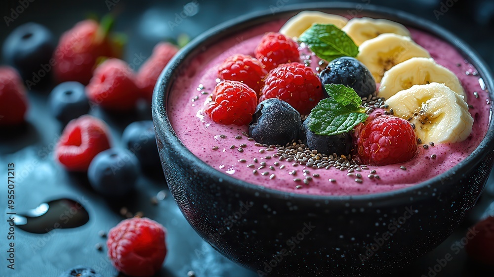 Vibrant and Nutritious Smoothie Bowl with Fresh Berries, Bananas, Chia Seeds, and Honey Drizzle Vibrant and Nutritious Smoothie Bowl with Fresh Berries, Bananas, Chia Seeds, and Honey Drizzle