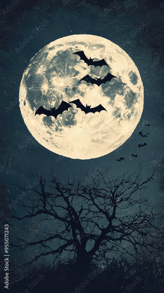 Silhouettes of Bats Flying Against a Full Moon, Casting an Eerie Glow Over a Bare Tree in a Night Sky. Silhouettes of Bats Flying Against a Full Moon, Casting an Eerie Glow Over a Bare Tree in a Night Sky.