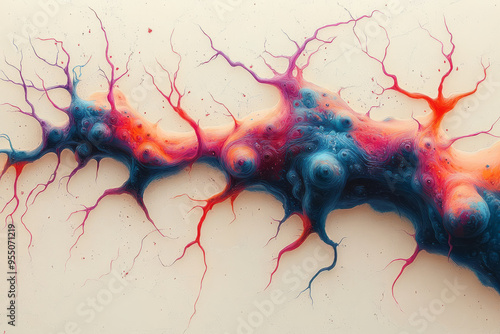 A neon-colored depiction of synaptic growth and expansion, with new neural branches forming in vibrant colors, isolated on a pastel beige background, photo