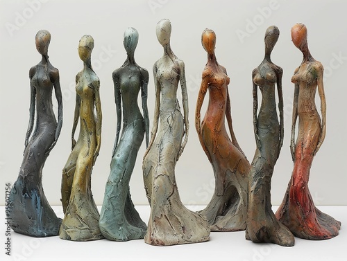 Seven abstract ceramic sculptures of women in various colors, standing in a row.
