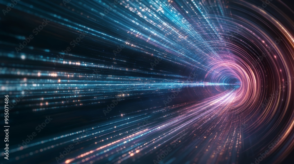 A vibrant abstract illustration of light beams racing through a tunnel, evoking feelings of speed and futuristic technology. A vibrant abstract illustration of light beams racing through a tunnel, evoking feelings of speed and futuristic technology.