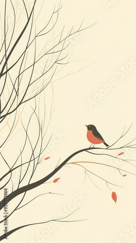 A lone bird perches on a bare branch, its bright red breast a splash of color against the minimalist background.  The delicate silhouette of the tree and the falling leaves suggest a quiet photo