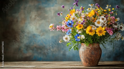 Wallpaper Mural A bouquet of wildflowers in various colors, arranged in a rustic vase on a wooden table Torontodigital.ca