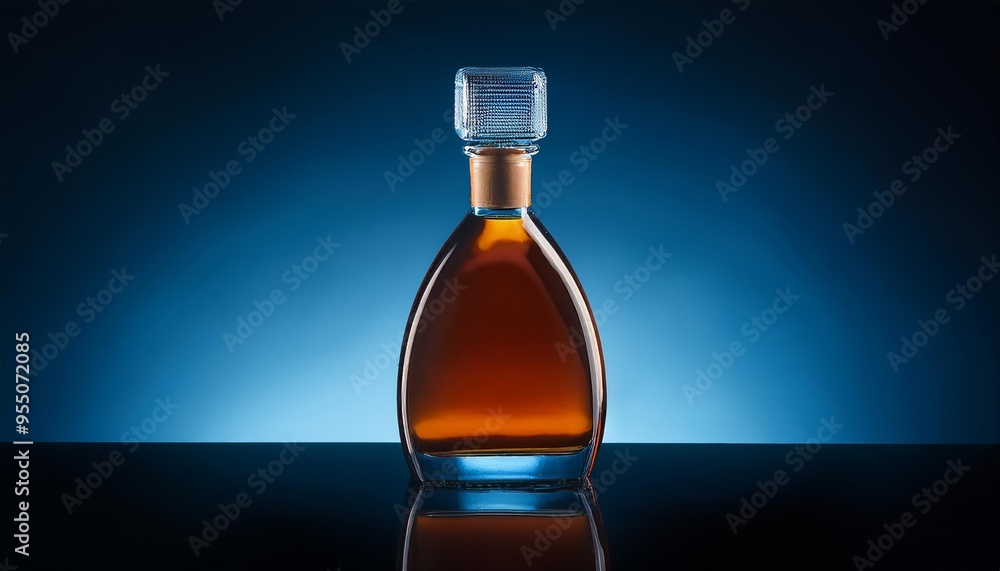Luxury cognac or whiskey bottle on luxurious blue background with fantastic studio lighting Luxury cognac or whiskey bottle on luxurious blue background with fantastic studio lighting